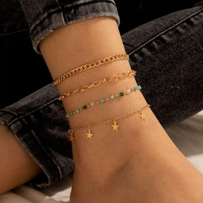 4Pcs five-pointed Star String Beads Wheat Anklet Set