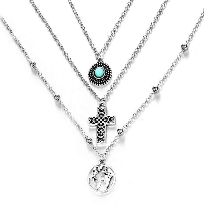 Women Fashionable Simple Alloy Turquoise Three-Layer Combination Necklaces