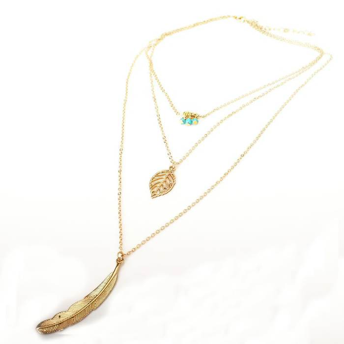 Multilayer Turquoise Leaf Long Pendant Necklace