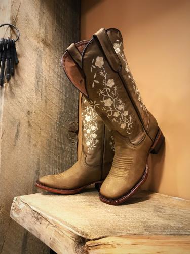 Womens Floral Embroidery Cowgirl Square Toe Boots Tan