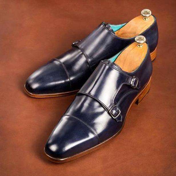 Blue Leather Dual Buckle Slipon Monk Shoes for Men