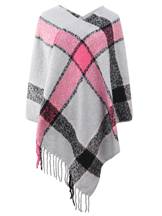 Faux Cashmere Contrast Striped Cape Knitted Tassel Scarf Shawl