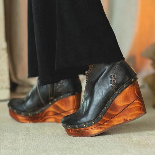 Studded Zipper Wedge Heel Boots