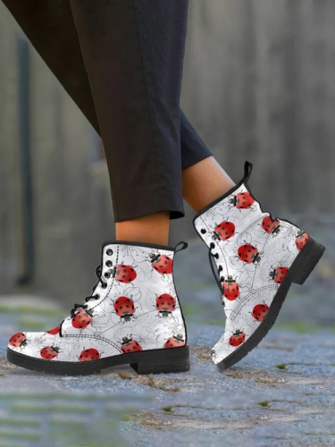 Simple Ladybug Flower Print Martin Boots
