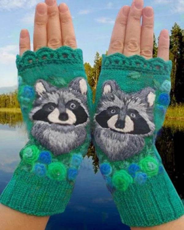 Green Embroidered Animal Knitted Gloves Handwarmers