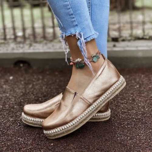 Women Solid Color Straw Woven Flat Loafers