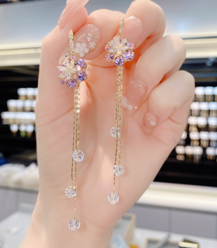 Fashion zircon flower tassel earrings