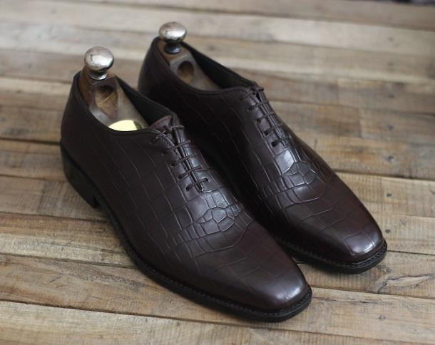 New Handmade Men's Brown Crocodile Textured Leather Lace Up Stylish Dress & Formal Wear Shoes