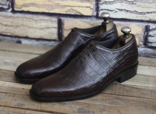 New Handmade Men's Brown Crocodile Textured Leather Lace Up Stylish Dress & Formal Wear Shoes