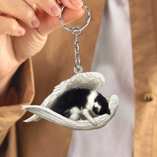 Black and white Cat Sleeping Angel Acrylic Keychain | Shop Now