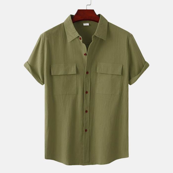 Men's solid colour casual cotton linen short sleeve shirt