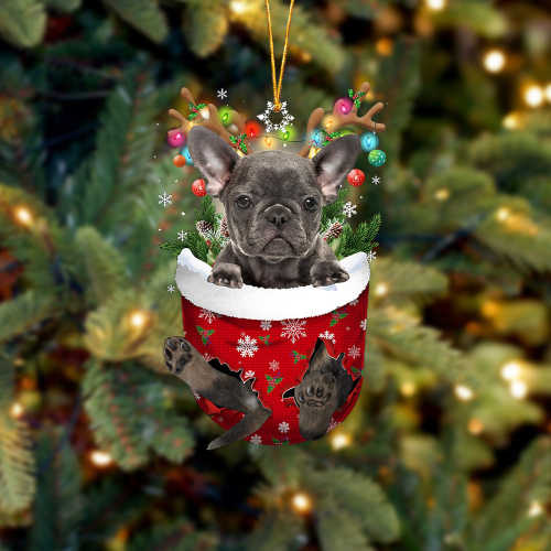 Grey French Bulldog  In Snow Pocket Christmas Ornament