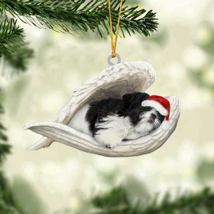 Black and white shih tzu Sleeping Angel Christmas Ornament