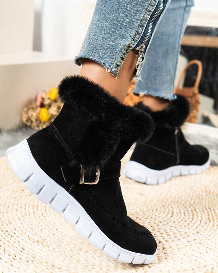 Fuzzy Trim Buckled Lined Snow Boots