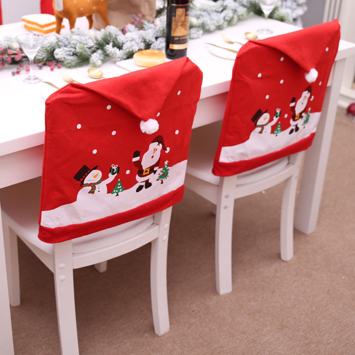 1pc Christmas Santa & Snowman Print Chair Cover, Red Chair Cover For Party Decoration