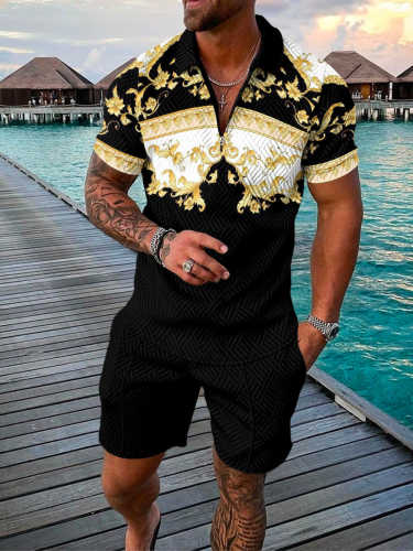 Men's Luxury Printed Black Casual Polo Suit