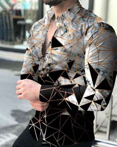 Men's Casual Triangle Printed Black Long Sleeve Lapel Shirt
