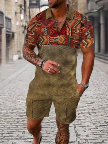 Men's Retro Ethnic Printed Polo Suit