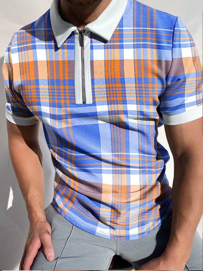 Men's Plaid Print Short Sleeve Polo Shirt