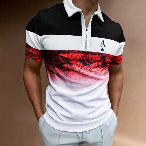 Men's Casual Gradient Rose Print Color Matching Short Sleeve Zipper Polo Shirt Ace Print Sport PoLo Neck T-Shirt