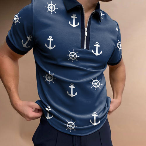 Captain Anchor And Rudder Print Zip-up Short Sleeve Polo Shirt