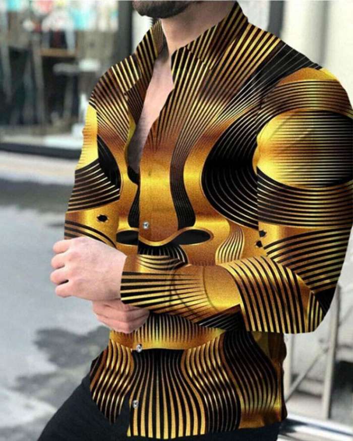 Men's Casual Gold Stripe Printed Black Long Sleeve Lapel Shirt
