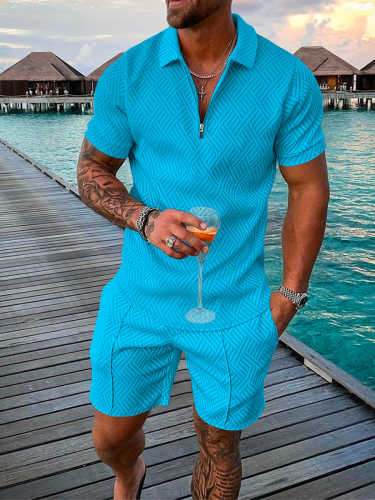 Men's Vacation Style Fluorescent Blue Lapel Polo Suit