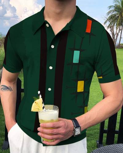 Dark green casual fashion geometric printed polo shirt