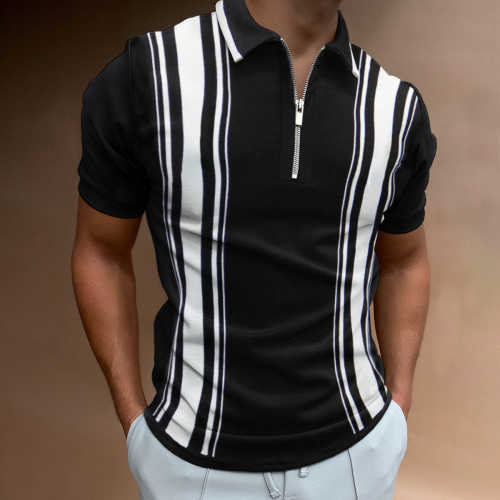 New Mens Holiday Black Solid Color Zipper Casual Polo Shirt