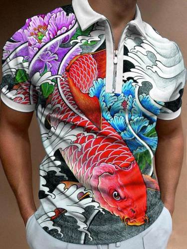Men's Fish Pattern Short Sleeve Polo Shirt
