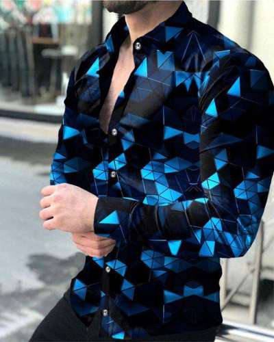 Men's Casual Printed Long Sleeve Lapel Shirt