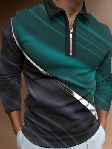 Men's Casual Printed Long Sleeve Polo Shirt