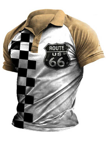 Men's Route 66 Black & White Print Polo Neck T-Shirt