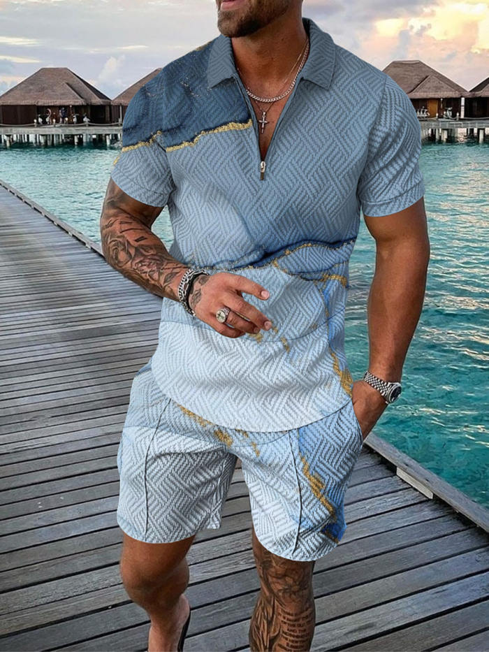 Men's Holiday Art Blue Printed Polo Suit