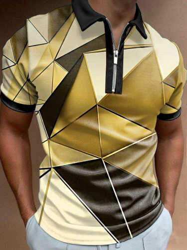 Men's Vintage Art Geometric Stripe Print Casual Polo Shirt