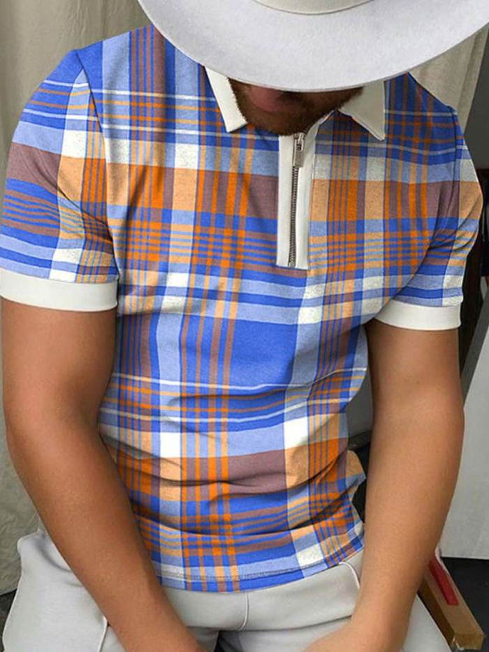 Men's Plaid Print Short Sleeve Polo Shirt