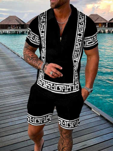 Men's Holiday Black Vintage Printed Polo Suit