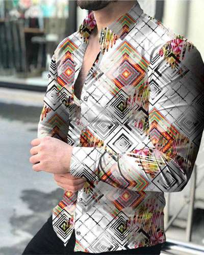 Men's Casual Geometric Print Long Sleeve Lapel Shirt