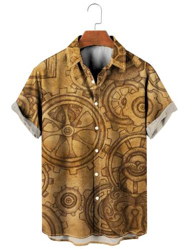 Khaki Steam Industry Gearwheel Print Short Sleeve Summer Hawaiian Shirt