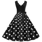 Black Dot Print V Neck Sleeveless Dress