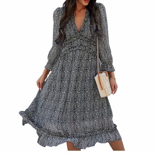 2021 Women V-neck Summer Dress Chiffon Print Dress