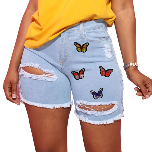 Butterfly Embroidered Hollow Out Denim Shorts
