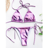 Women Glossy Bandage Halter Two Piece Bikinis Sets