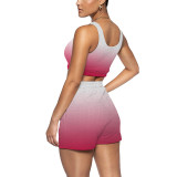 Sexy Summer Graduated Color Yoga Sport Two Pieces Short Set For Women