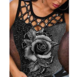 Women 3D Rose Printed Hollow Out Sleeveless Plus Size Tank Tops
