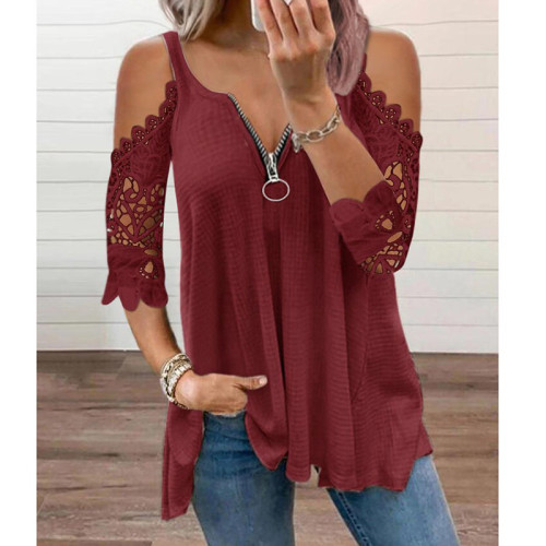 Women Cold Shoulder Tops Lace Casual Loose Blouse Shirts 3/4 Sleeve