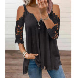 Women Cold Shoulder Tops Lace Casual Loose Blouse Shirts 3/4 Sleeve