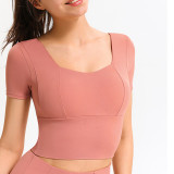 Solid Color Square Neck Short Sleeve Crop Top Yoga Tops