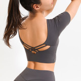 Solid Color Yoga Crop Tops Cross Back Short Sleeve Tops