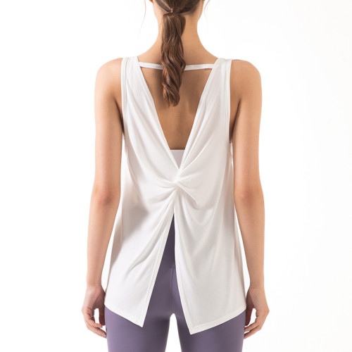 Pure Color Open Back Knotted T-Shirt Yoga Tops